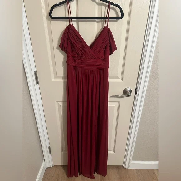 ALFRED SUNG D743 Ruched V-Neck Cold Shoulder Maxi Dress w Slit, Burgundy, Sz 2 - Picture 2 of 15